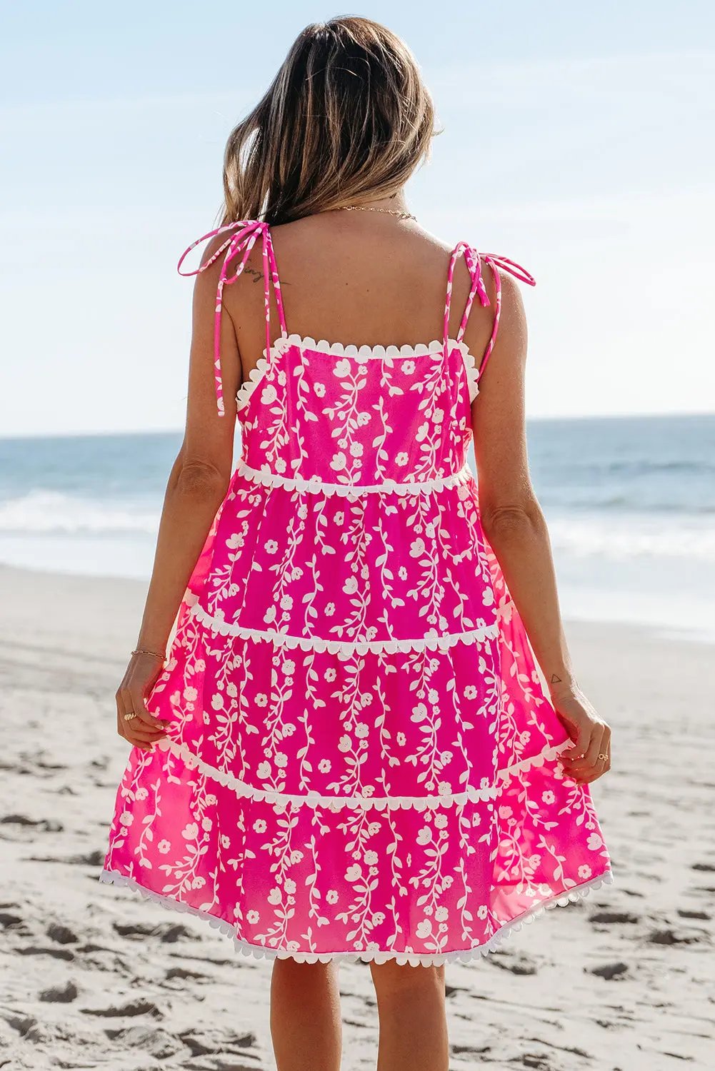 Mina Ric Rac Patched Sleeveless Mini Dress with Floral Print and Tie Shoulder Design - Love Salve